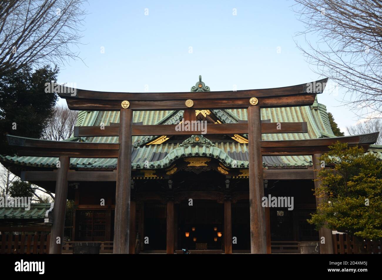 Tokyo, Japan-3/1/16: Closer look at the wooden Tori that stands as the gate for the Ushijima Shrine; this shrine is close to the Tokyo Sky Tree Stock Photo