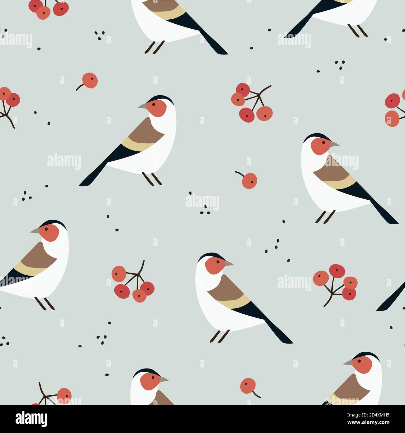 Beautiful Christmas seamless pattern with European goldfinch birds and rowan berries. Cute Scandinavian winter design for scrapbooking, gift paper Stock Vector