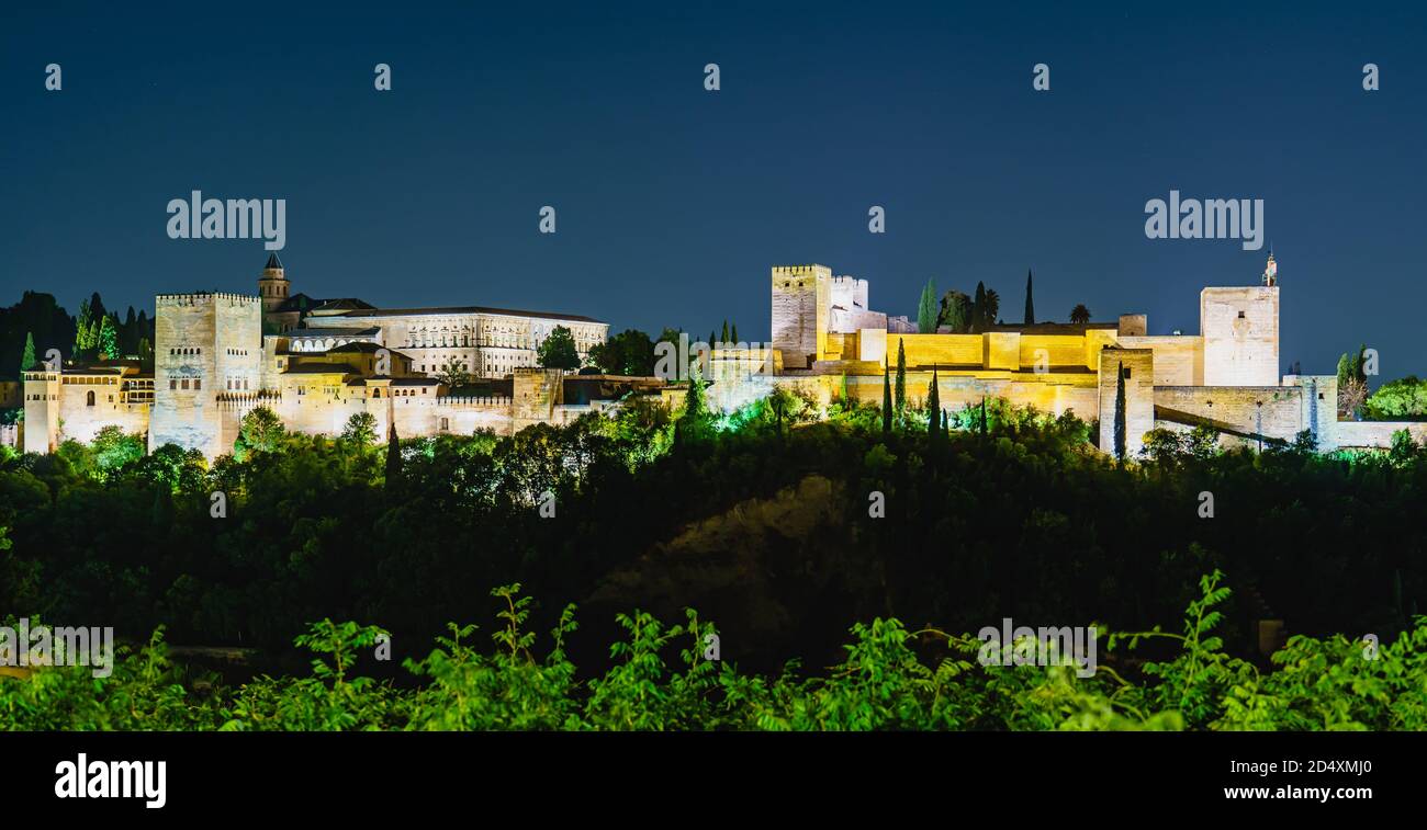 Alhambra view during the evening with lights in Granada, Spain Stock