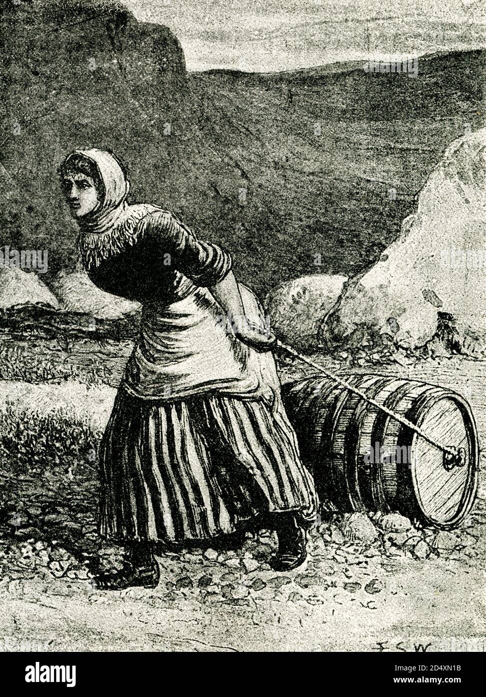 This late 1800s illustration shows a Female crofter in Scotland. Crofters are people who live and work on croft land. Usually they are tenants of the person who owns the land (this is the true legal meaning of the word crofter), but, in recent times, some crofters have bought their crofts and become owner-occupiers. Crofting activities include crofting activities: cutting peat, winnowing corn, manuring fields. Stock Photo
