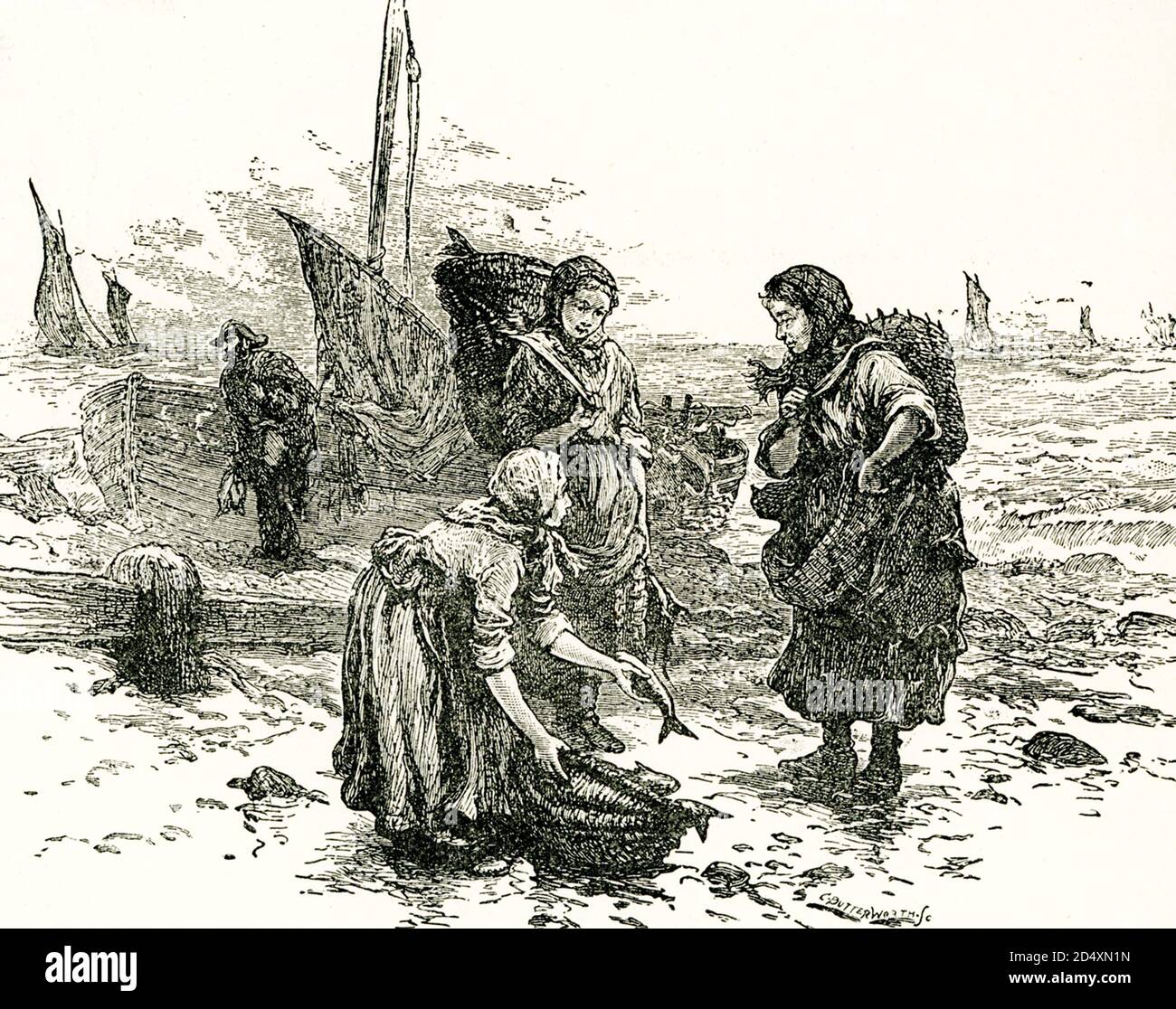This late 1800s illustration shows Fisher Folk in Scotland. Fishermen, also known as fisher folk in Scotland, have been casting their lines off the coast of the north east of the country since before Viking longship keels scraped the shingle beaches and the Danes set foot ashore around about 794 AD.  Communities of fisher folk have lived and worked for many generations in isolation of a larger world yet bound together in commonality of a hazardous, unpredictable occupation. Stock Photo