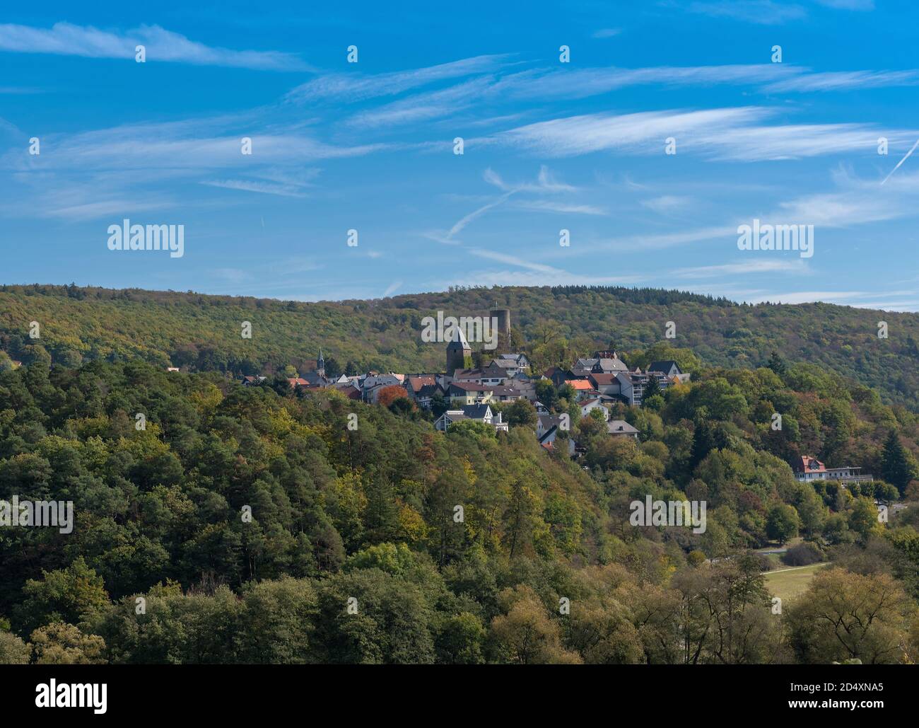 View of Altweilnau and Altweilnau castle ruins, Hesse, Germany Stock Photo