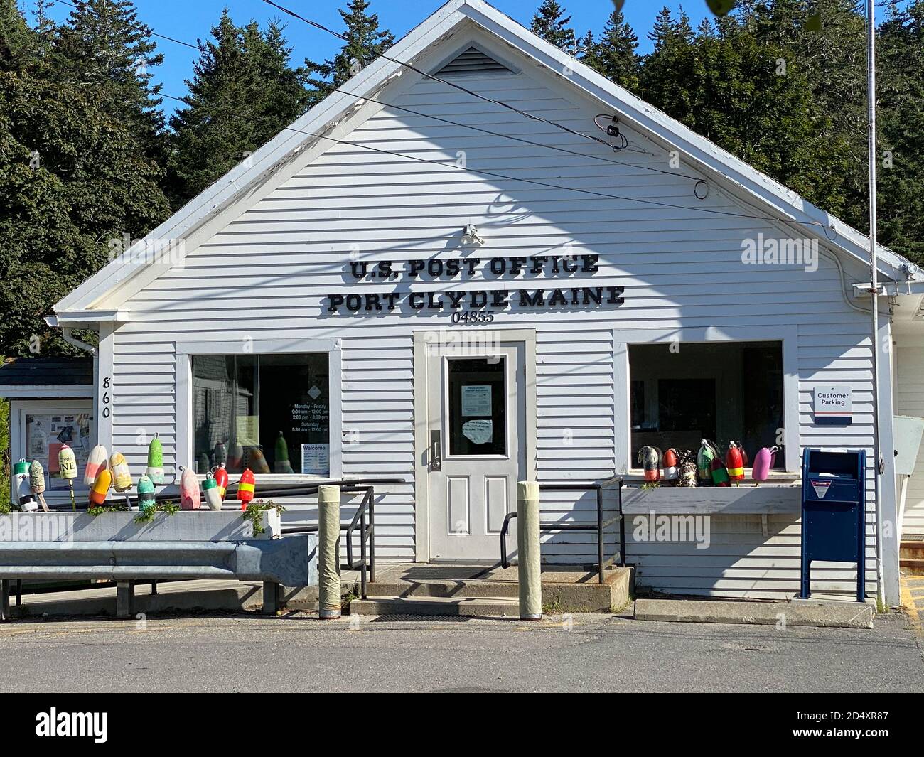 Post Office Building with Buoys, Port Clyde, Maine, USA Stock Photo