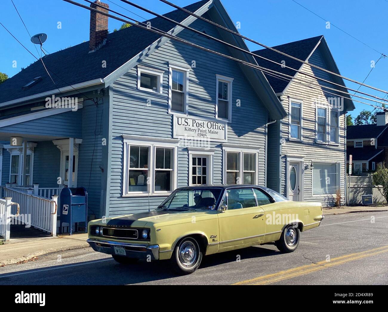Post Office, Street Scene with Yellow Car, Kittery Point, Maine, USA Stock Photo