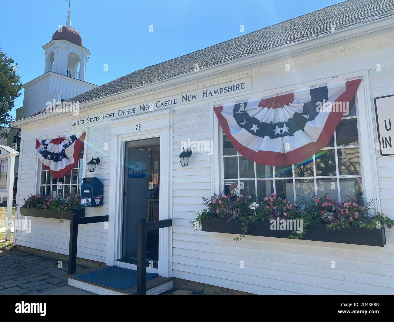 Post Office With Patriotic Bunting, New Castle, New Hampshire, USA Stock Photo