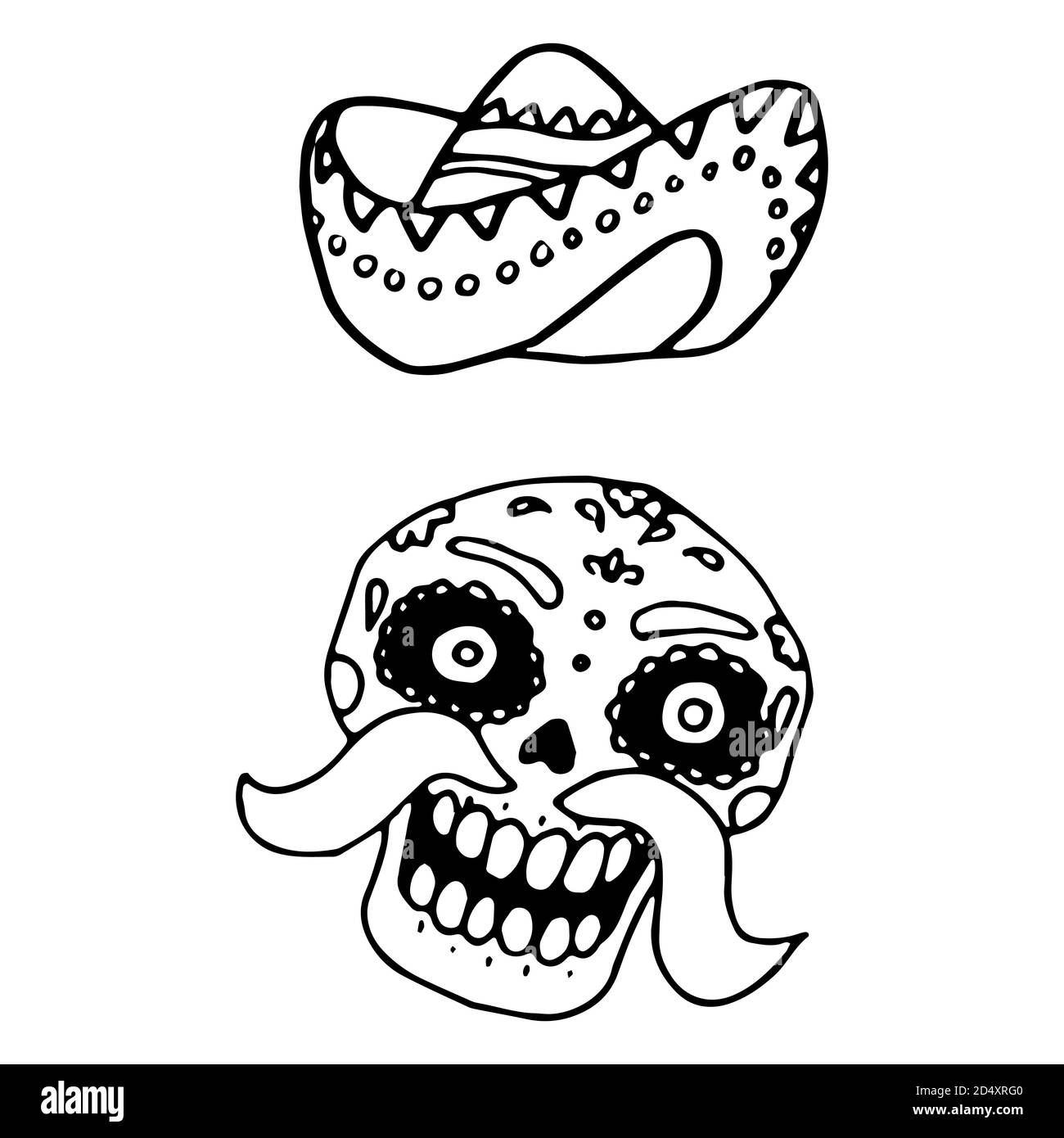 Skull and sombrero icon set on white isolated backdrop. Santa muerte for invitation or gift card, notebook, bath tile, scrapbook. Phone case or cloth Stock Vector