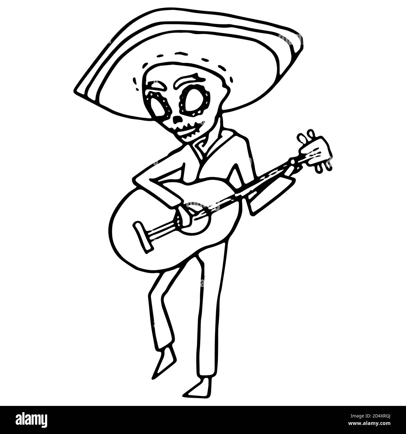 Mexican guitar player on white isolated backdrop. Santa muerte symbol for invitation or gift card, notebook, bath tile, scrapbook. Phone case or cloth Stock Vector