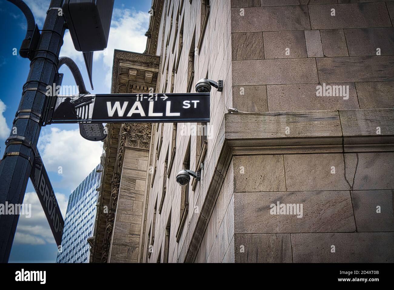 Road sign of New York Wall street corner Broad street Stock Photo