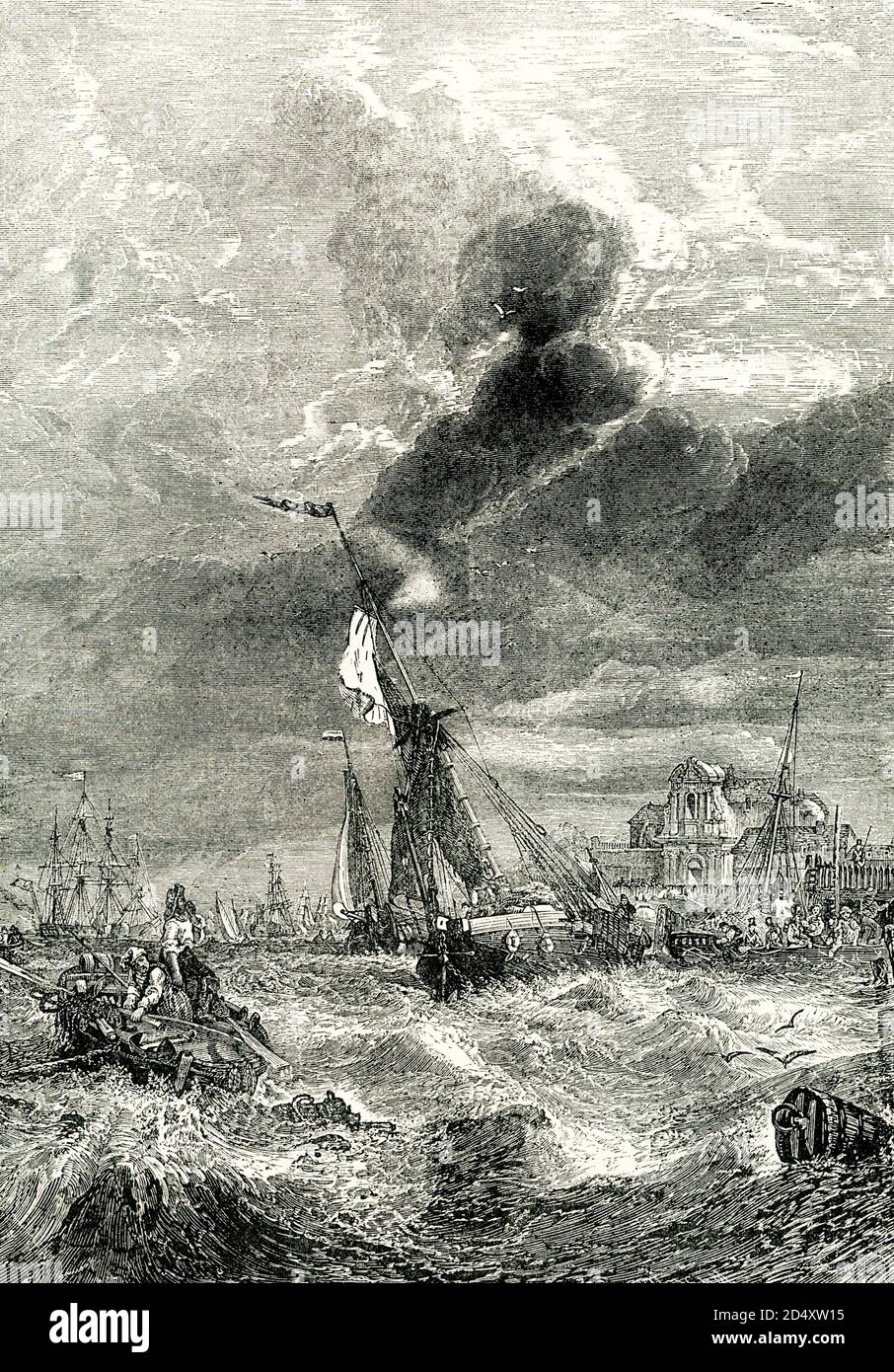 This illustration dates to about 1901 black and white wood engraving of a painting by Clarkson Frederick Stanfield (1793-1867) entitled 'Wind against Tide, the Thames at Tilbury Fort'. Clarkson Frederick Stanfield (1793 – 1867) was a prominent English marine painter, often inaccurately credited as William Clarkson Stanfield. Stock Photo
