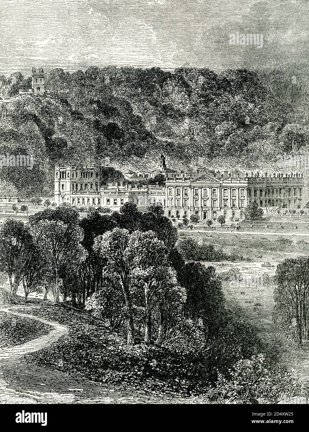 The illustration shows Chatsworth, the Palace of the Peak district in England. Chatsworth House is a stately home in Derbyshire, England, in the Derbyshire Dales 3.5 miles north-east of Bakewell and 9 miles west of Chesterfield. The seat of the Duke of Devonshire, it has been home to the Cavendish family since 1549. Chatsworth House has been labelled the 'Palace of the Peak' and features more than 30 rooms, a large library and a magnificent collection of paintings. It also boasts a 105-acre garden - a beautiful sight in summer - and a public park on the banks of the river Derwent. Stock Photo