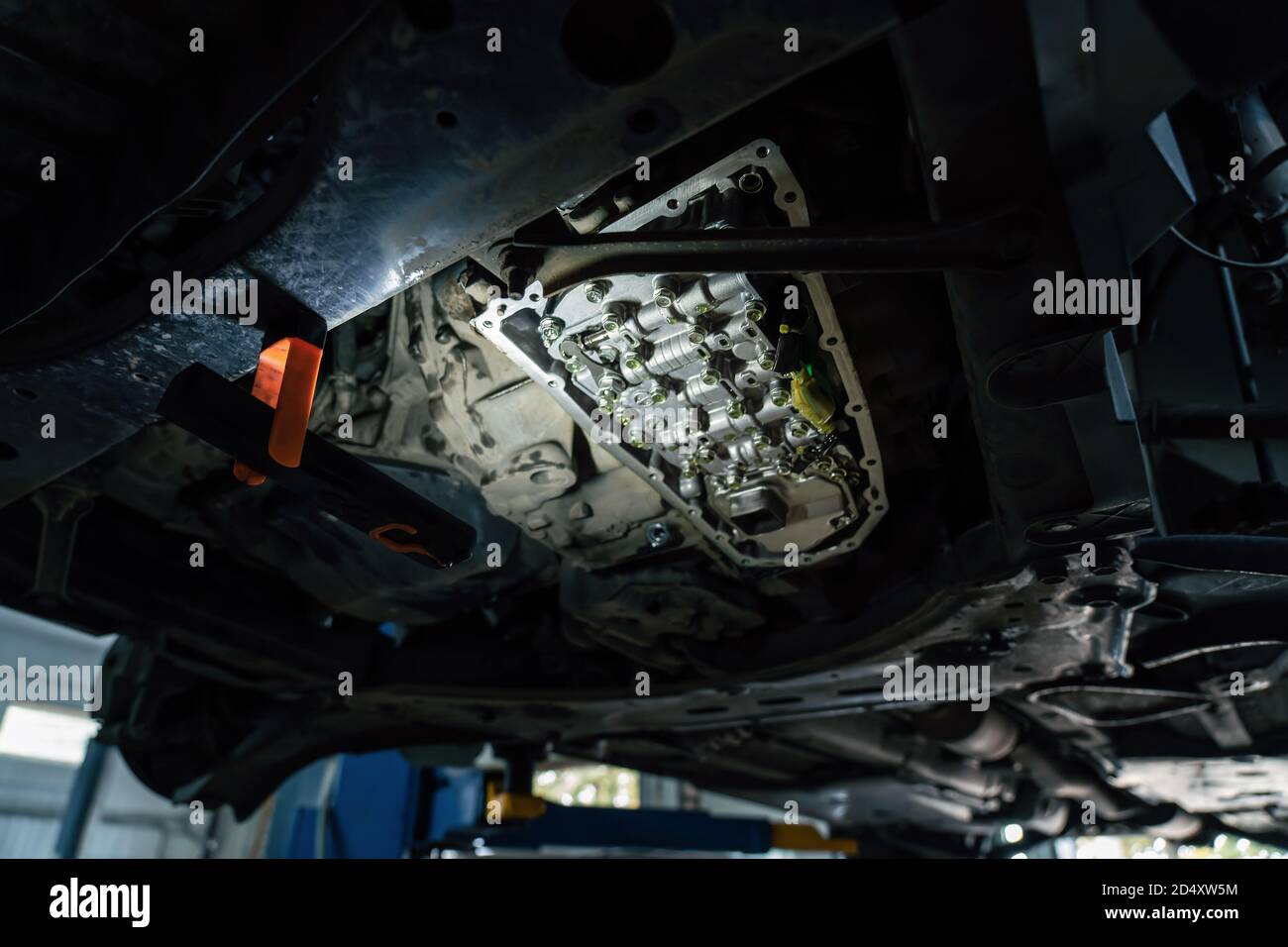 CVT gearbox close up, changing oil in modern automatic transmission on