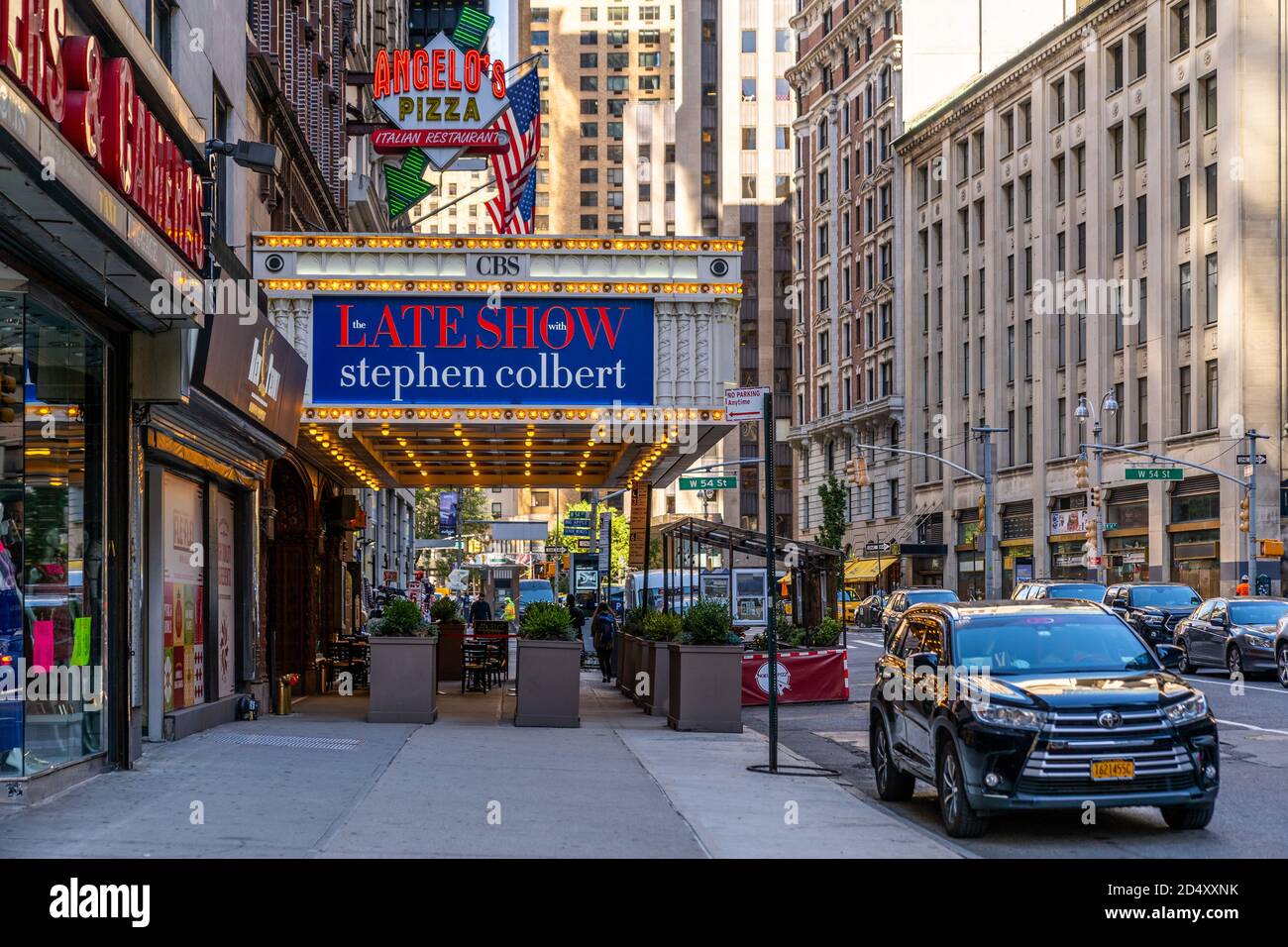 Manhattan, New York - October 8, 2020: Empty streets Outside the Ed Sullivan Theater during the Coronavirus Pandemic. Stock Photo