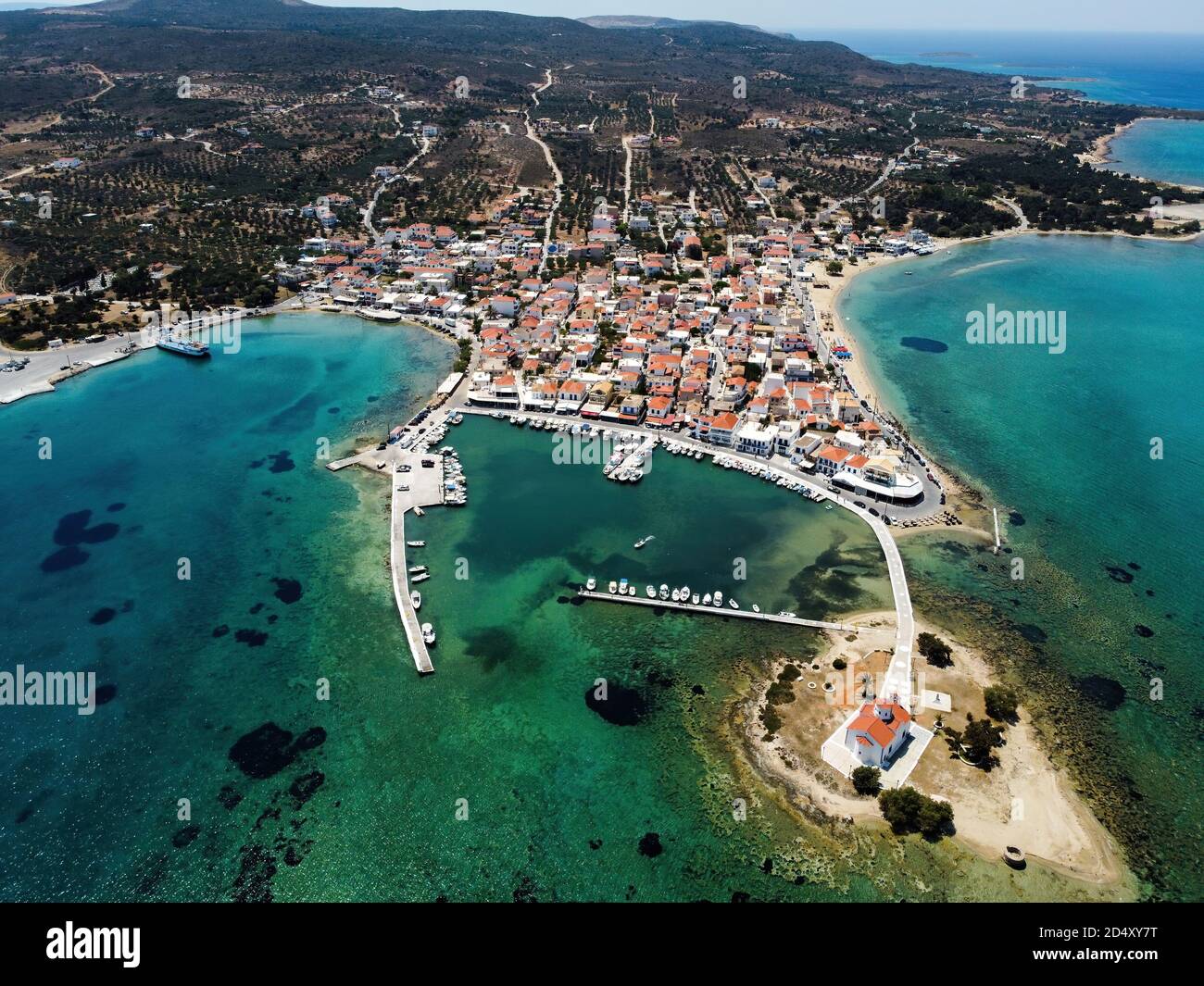 Aerial panoramic view of Elafonisos village and port over the Laconian gulf in Peloponnese, Greece. Stock Photo
