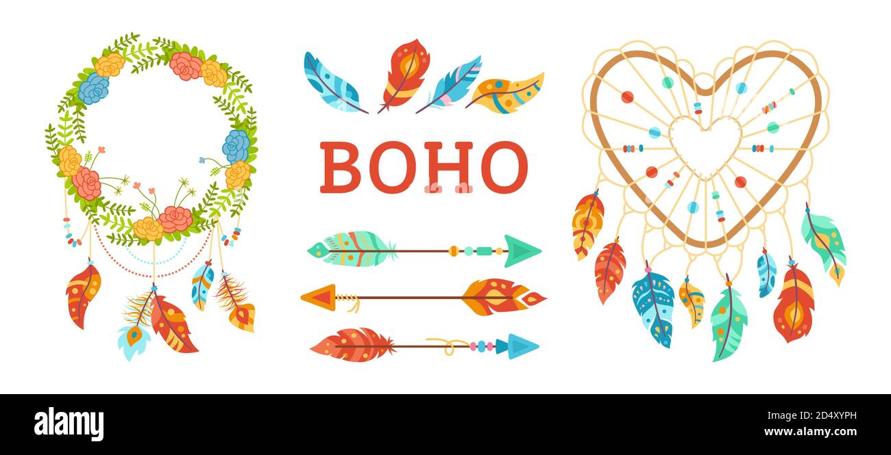 Boho style design elements set. Dreamcatcher with feathers, arrow ...