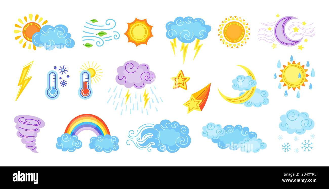 cute stamps, weather fantasy clouds sun moon rainbow rain umbrella cartoon, Stock vector