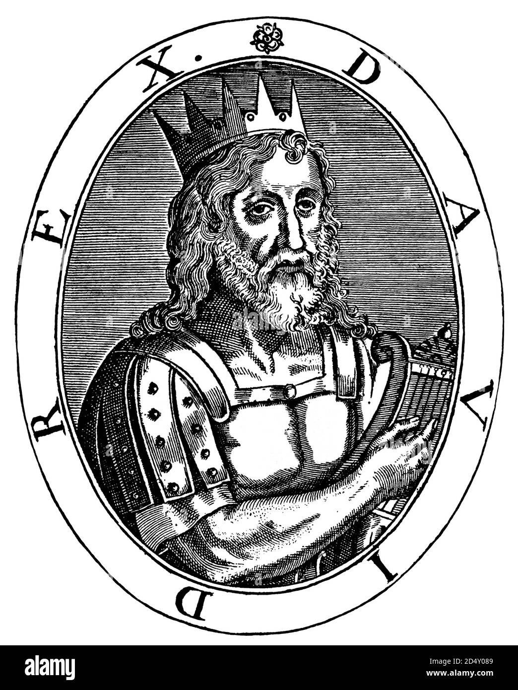 970 BCE , ISRAELE : The jewish KING DAVID ( 1010 c.- 970 BC ), author of psalms . Is described in the Hebrew Bible as the 3th king of the United Monarchy of Israel and Judah . Engraving portrait by unknown, XVIII century. Jesus Christ is described as being descended from David in the Gospels of Matthew and Luke . - NOBILITY - NOBILI - RE DAVIDE - ISRAELE - EBREO - POPOLO EBRAICO - illustrazione - illustration - engraving - incisione - corona - crown - beard - barba - lira - SALMI - PREGHIERA - RELIGION - RELIGIONE - PRAY - POESIA - POEMA - POEMS - POETRY - POETA --- ARCHIVIO GBB Stock Photo