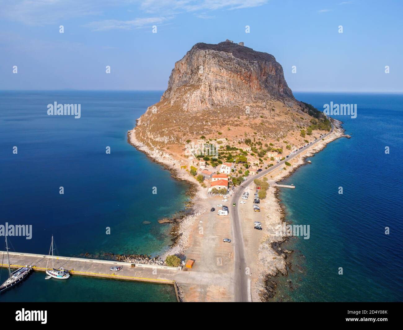 Aerial panoramic view of Monemvasia fortified town in Greece Stock Photo