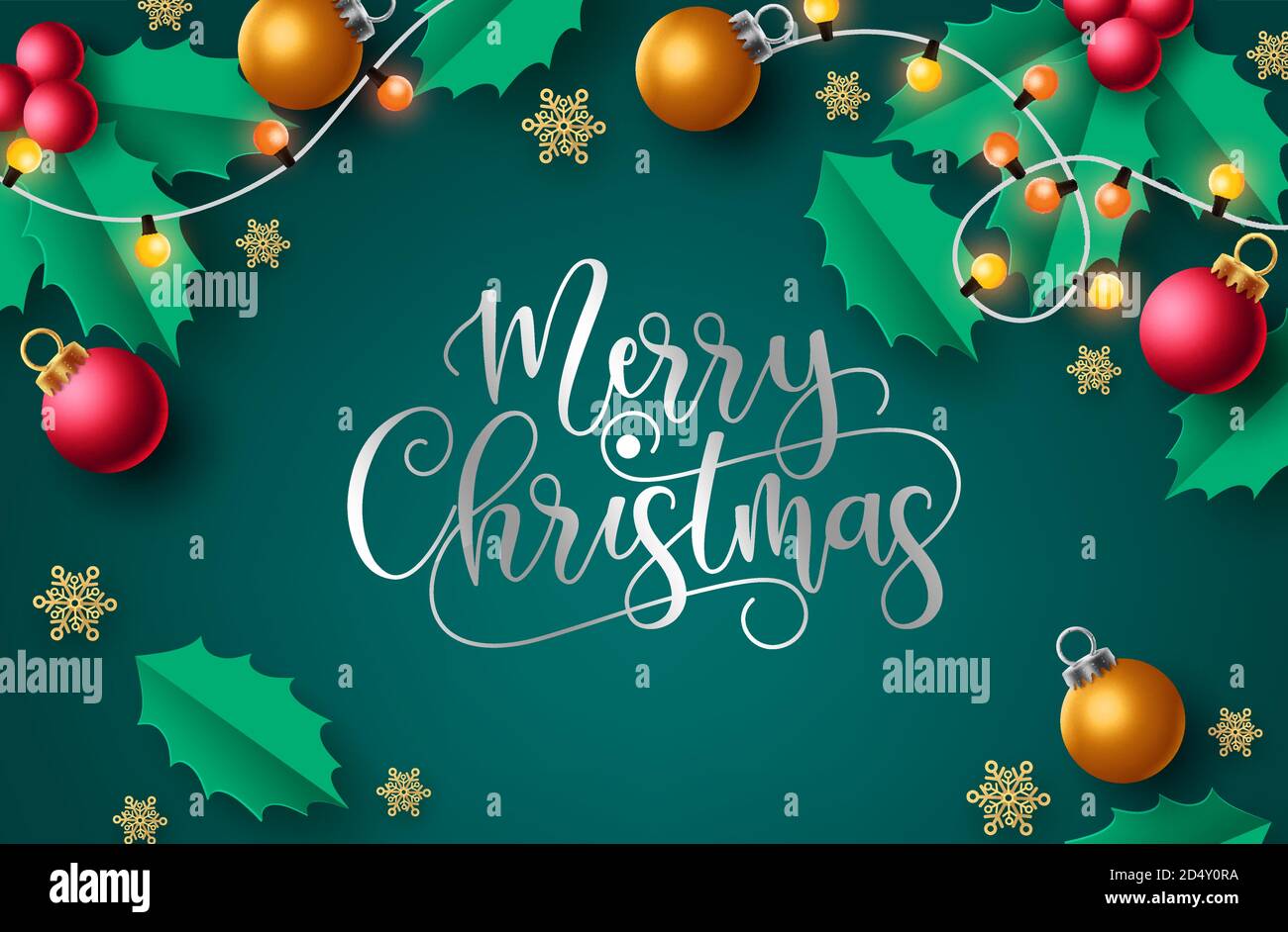 Merry christmas vector background design. Merry christmas greeting text in  green background with xmas elements like xmas light, balls and snowflakes  Stock Vector Image & Art - Alamy