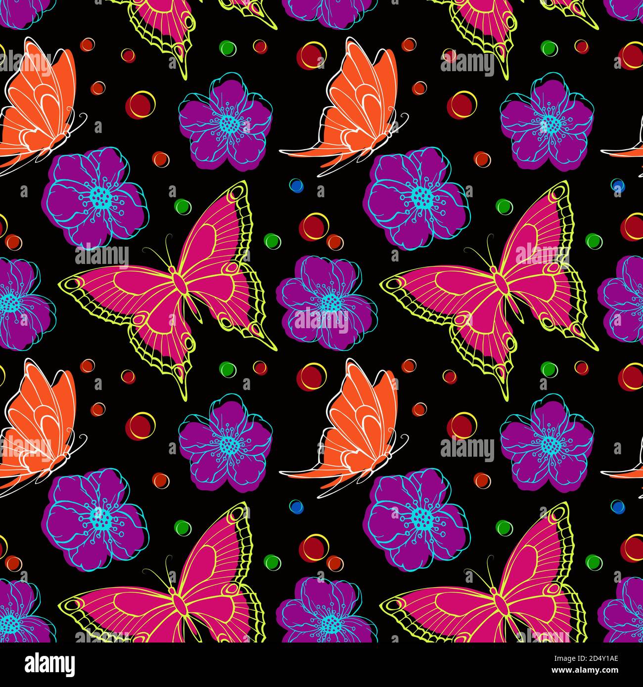 Vector seamless pattern with hand drawn flowers and butterflies ...