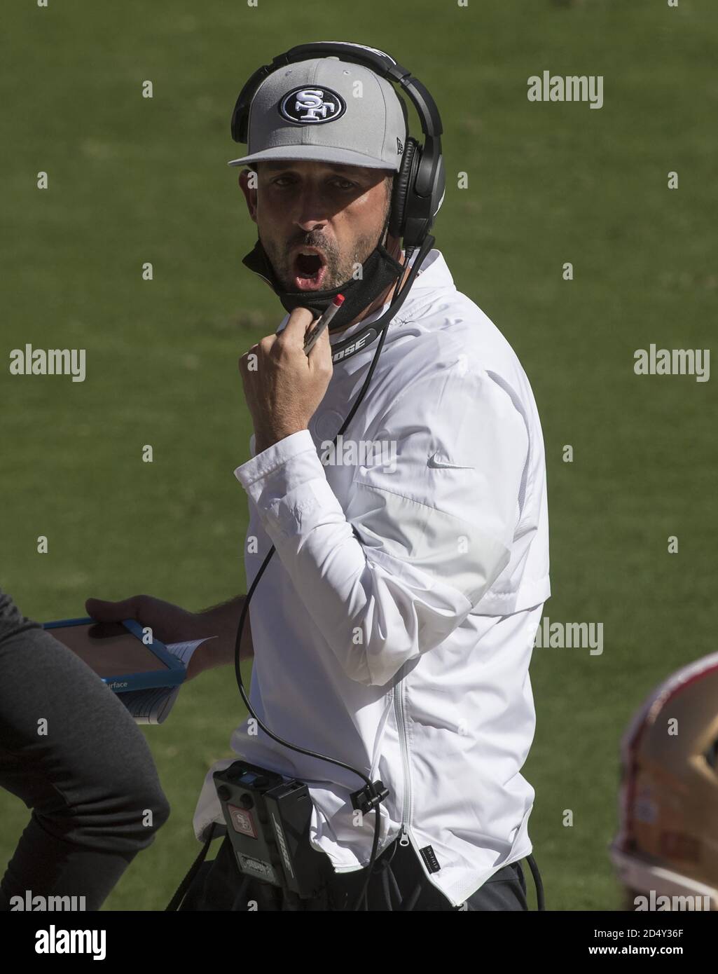 Santa Clara, United States. 11th Oct, 2020. San Francisco 49ers head coach Kyle Shanahan yells to his bench in the second quarter against the Miami Dolphins at Levi's Stadium in Santa Clara, California on Sunday, October 11, 2020. The Dolphins beat the 49ers 43-17. Photo by Terry Schmitt/UPI Credit: UPI/Alamy Live News Stock Photo