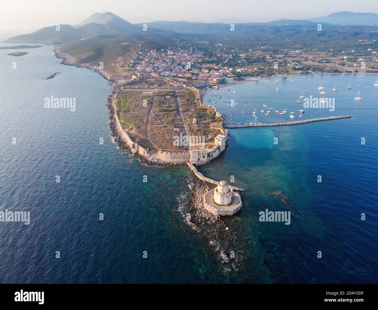 Aerial panoramic view of Methoni castle, a Venetian Fortress, Greece Stock Photo