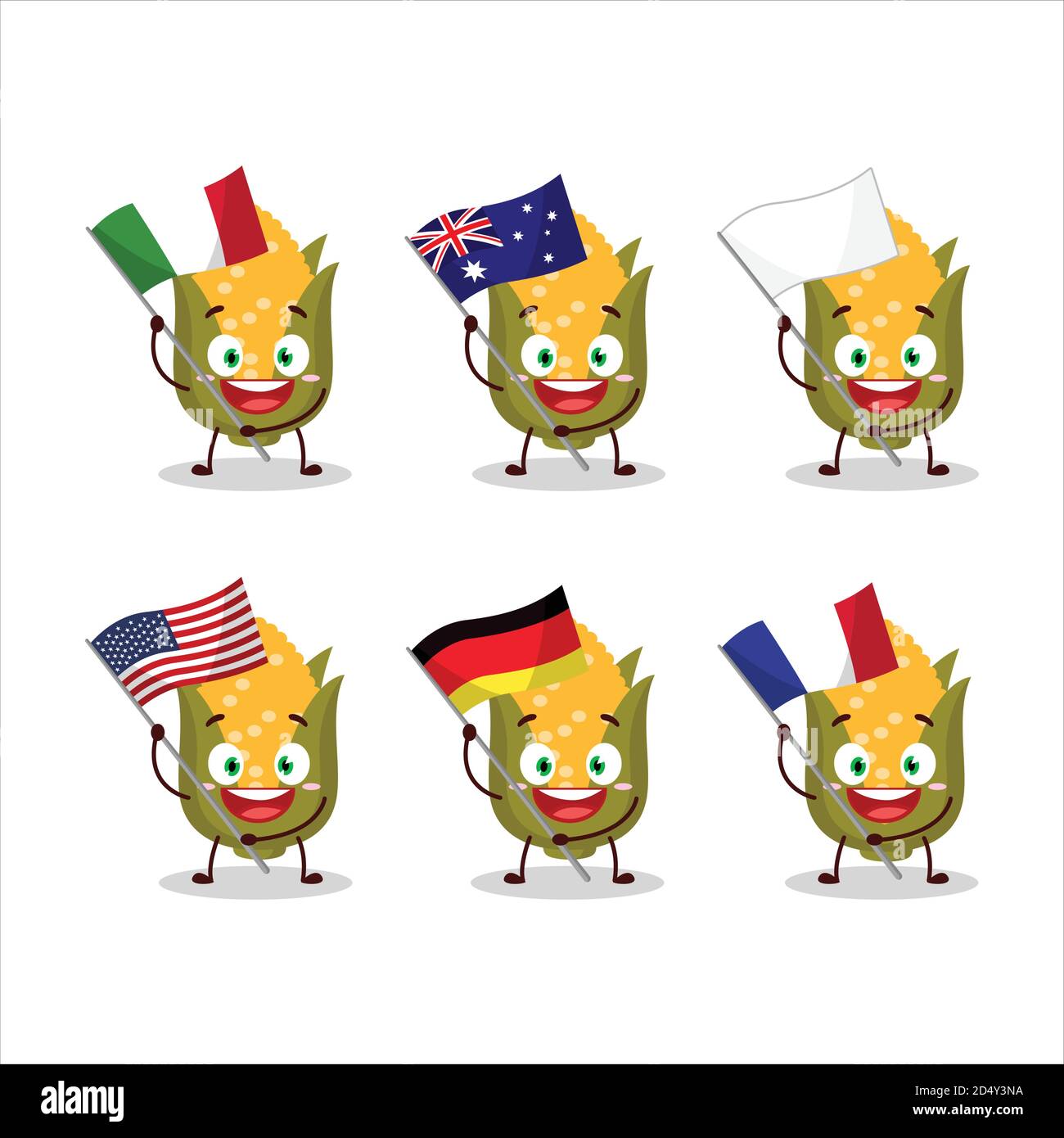 Corn cartoon character bring the flags of various countries Stock Vector
