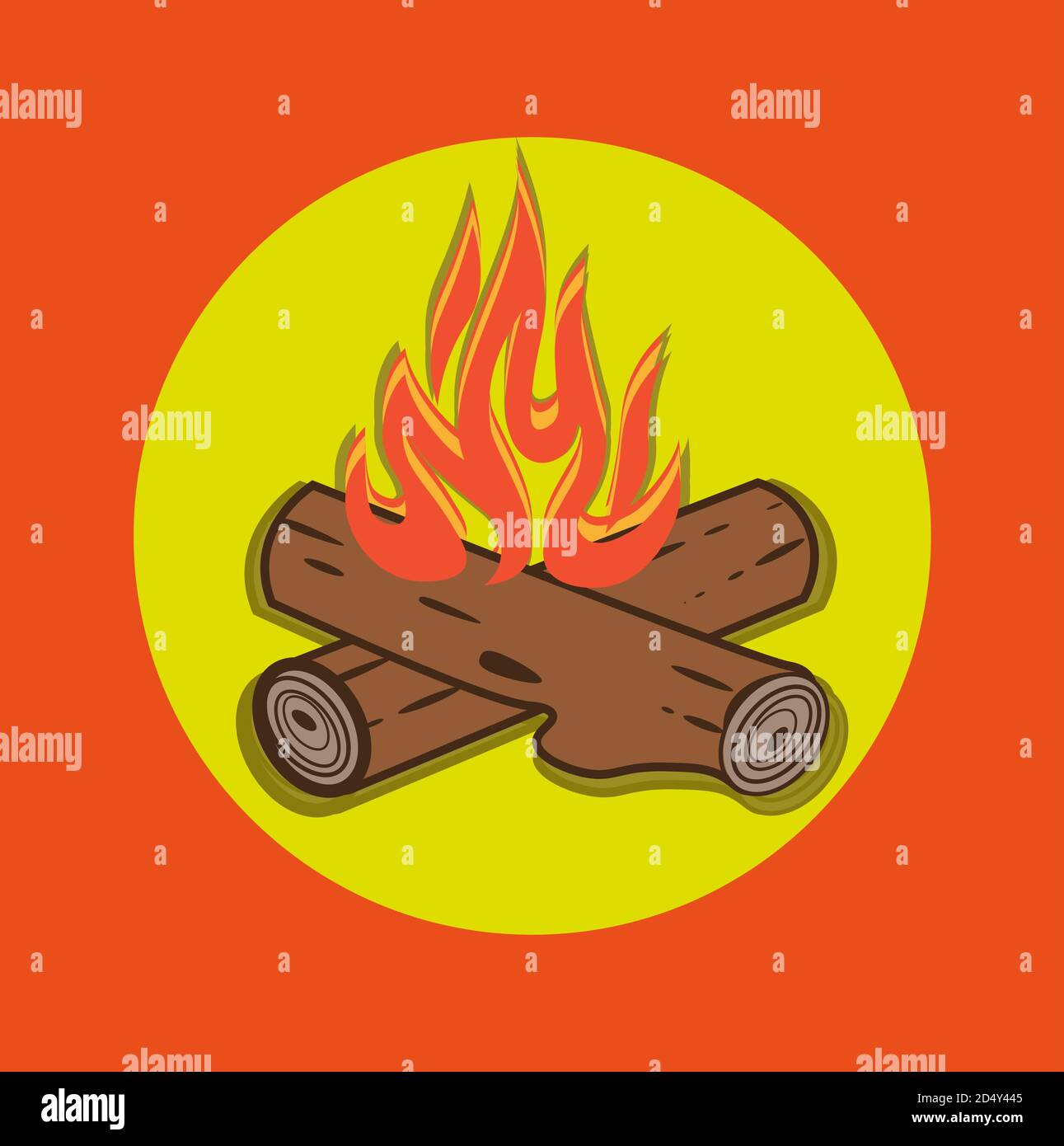 Campfire vector cartoon style illustration - Crossed logs and fire flames on an Orange background. Stock Vector