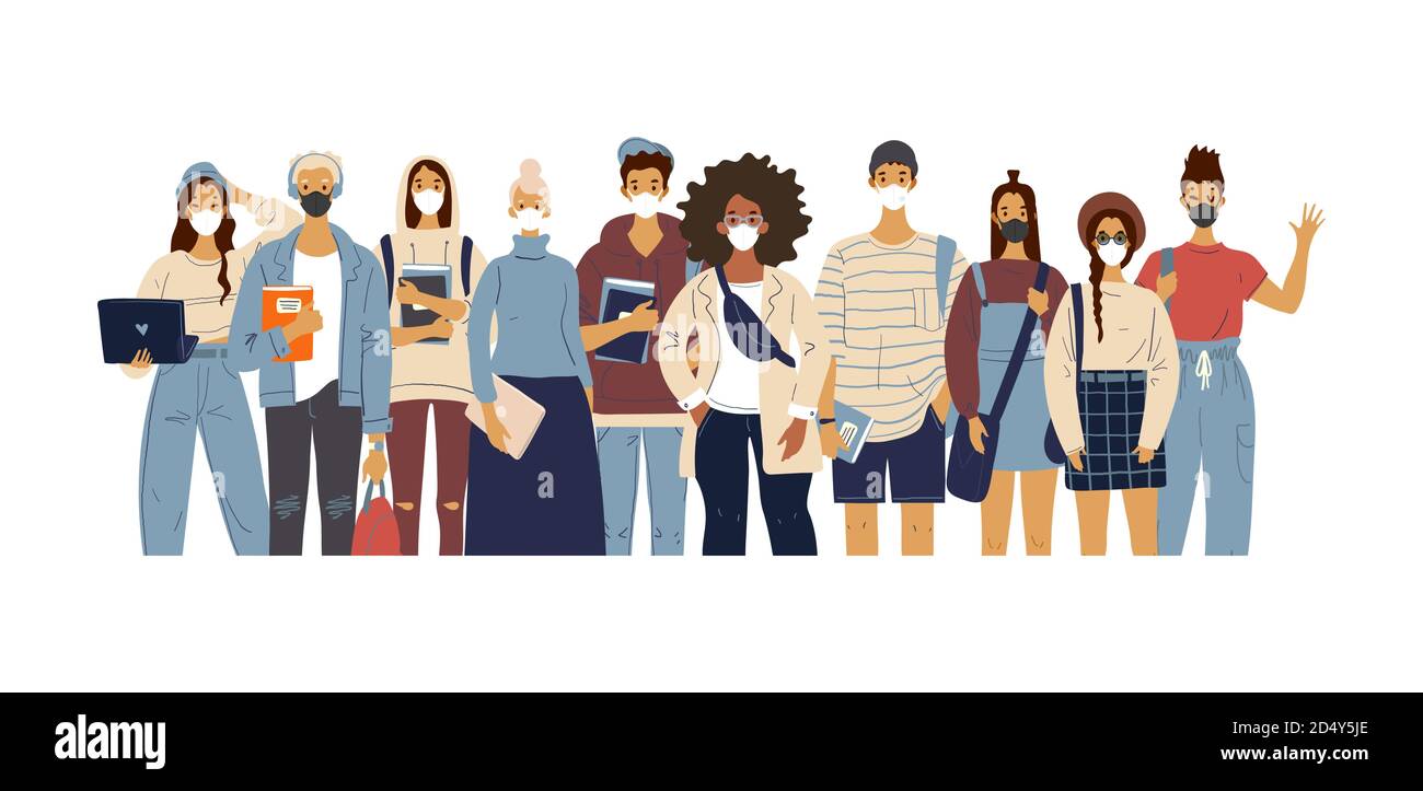 A crowd of standing people in medical masks. Male and female characters in modern clothes, flat design, cartoon style, students and teachers. Vector illustration Stock Vector