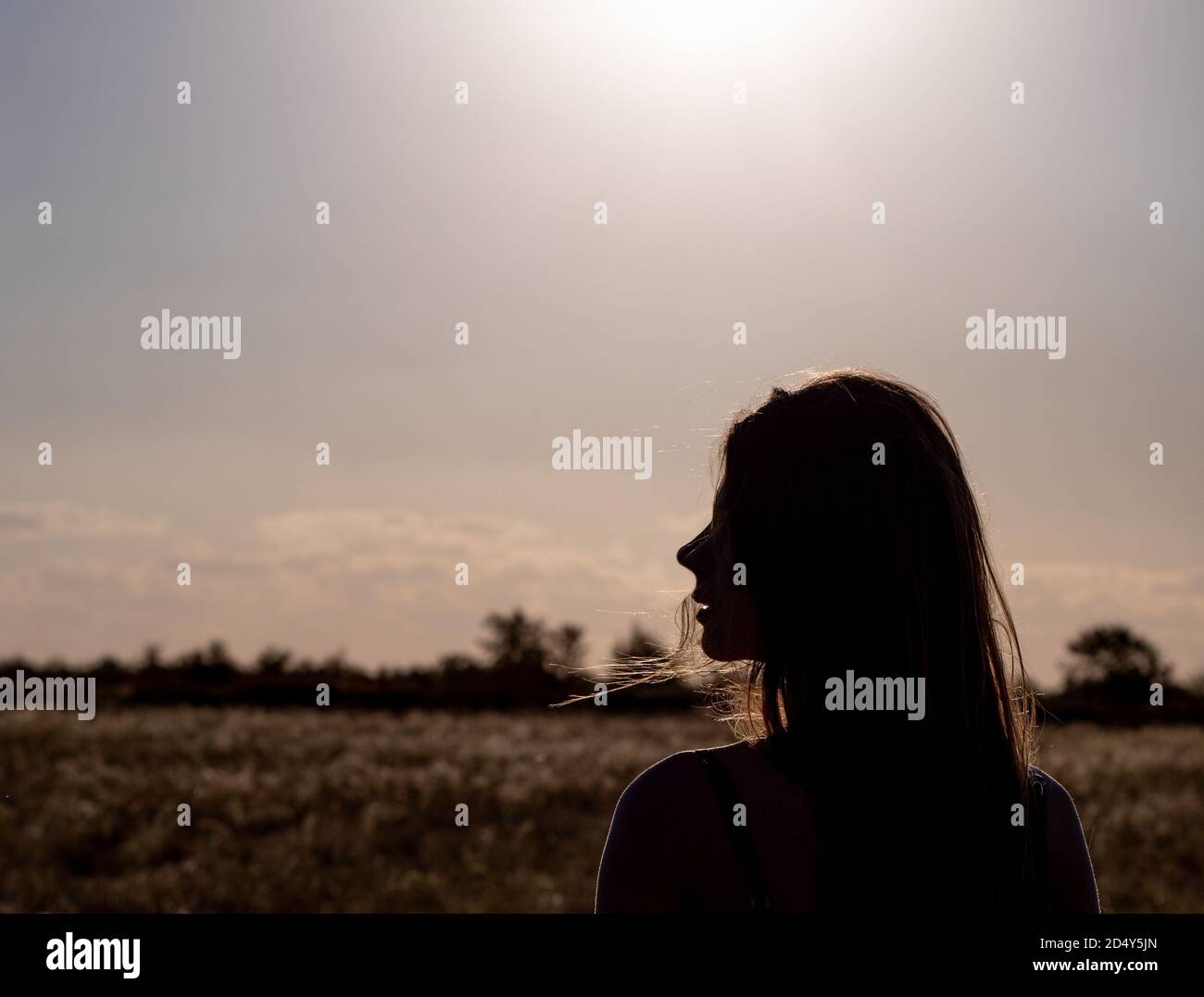 Dark silhouette of a girl in the open air. Beautiful profile of a Caucasian girl. the setting sun shines on the girl in the field. Stock Photo