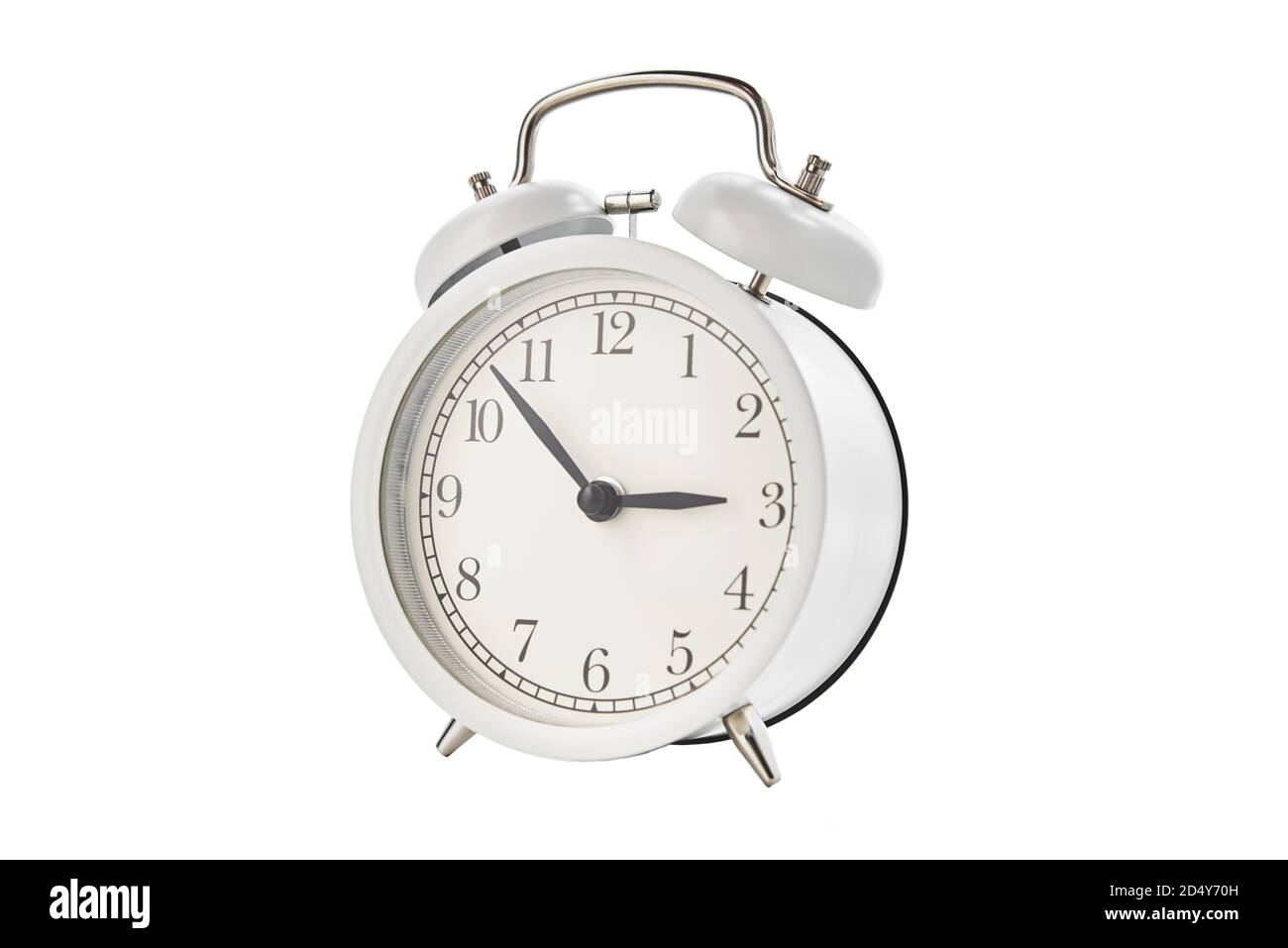 White vintage alarm clock on white background isolated Stock Photo - Alamy