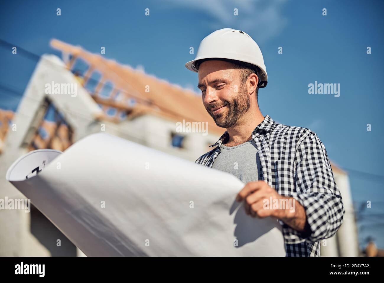 Successful male architect looking at the blueprint Stock Photo