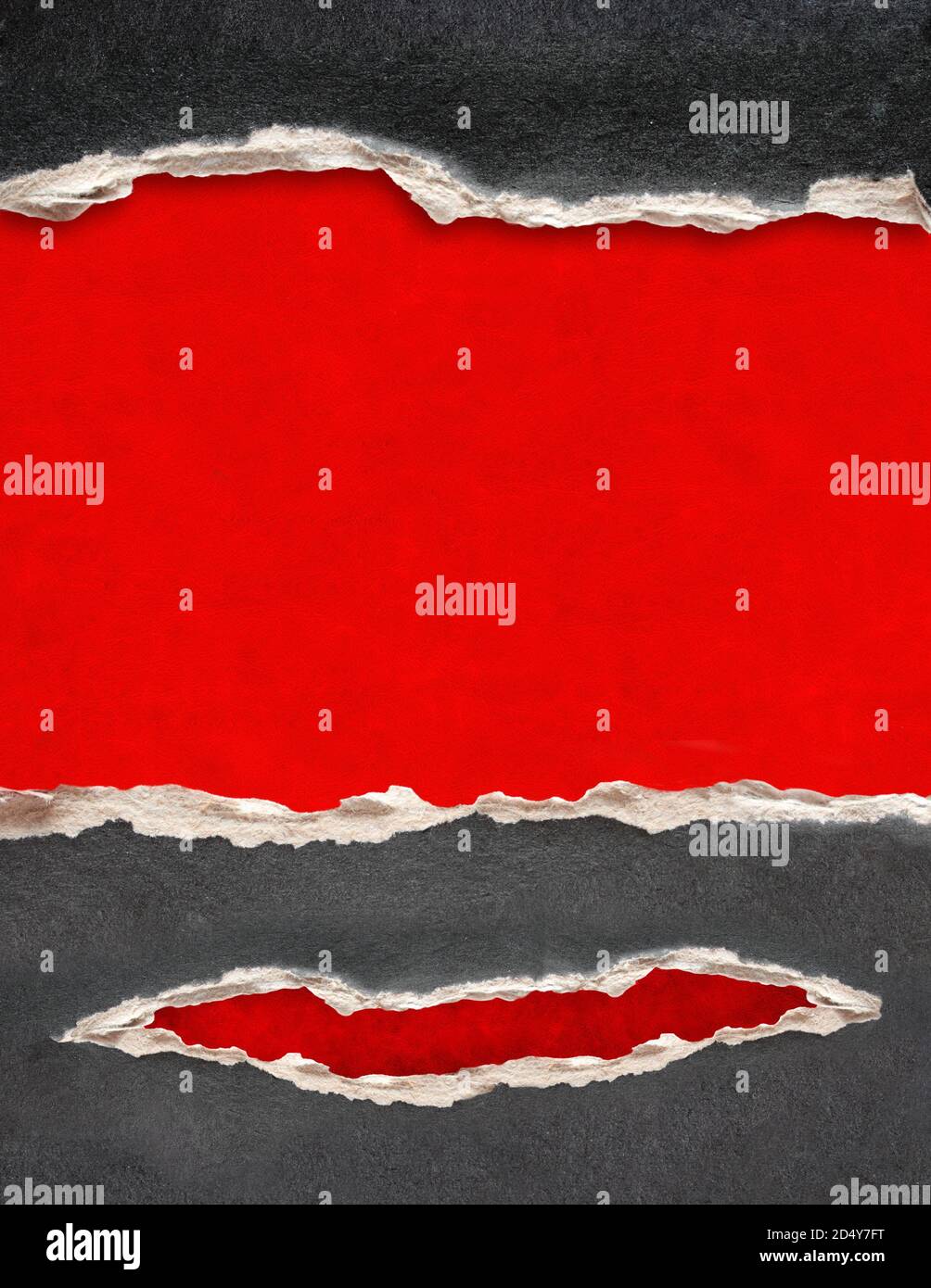 Horizontal background with ragged hole torn in ripped paper of dark gray color. Backdrop with red hole in black paper. Breakthrough paper. Mock up tem Stock Photo