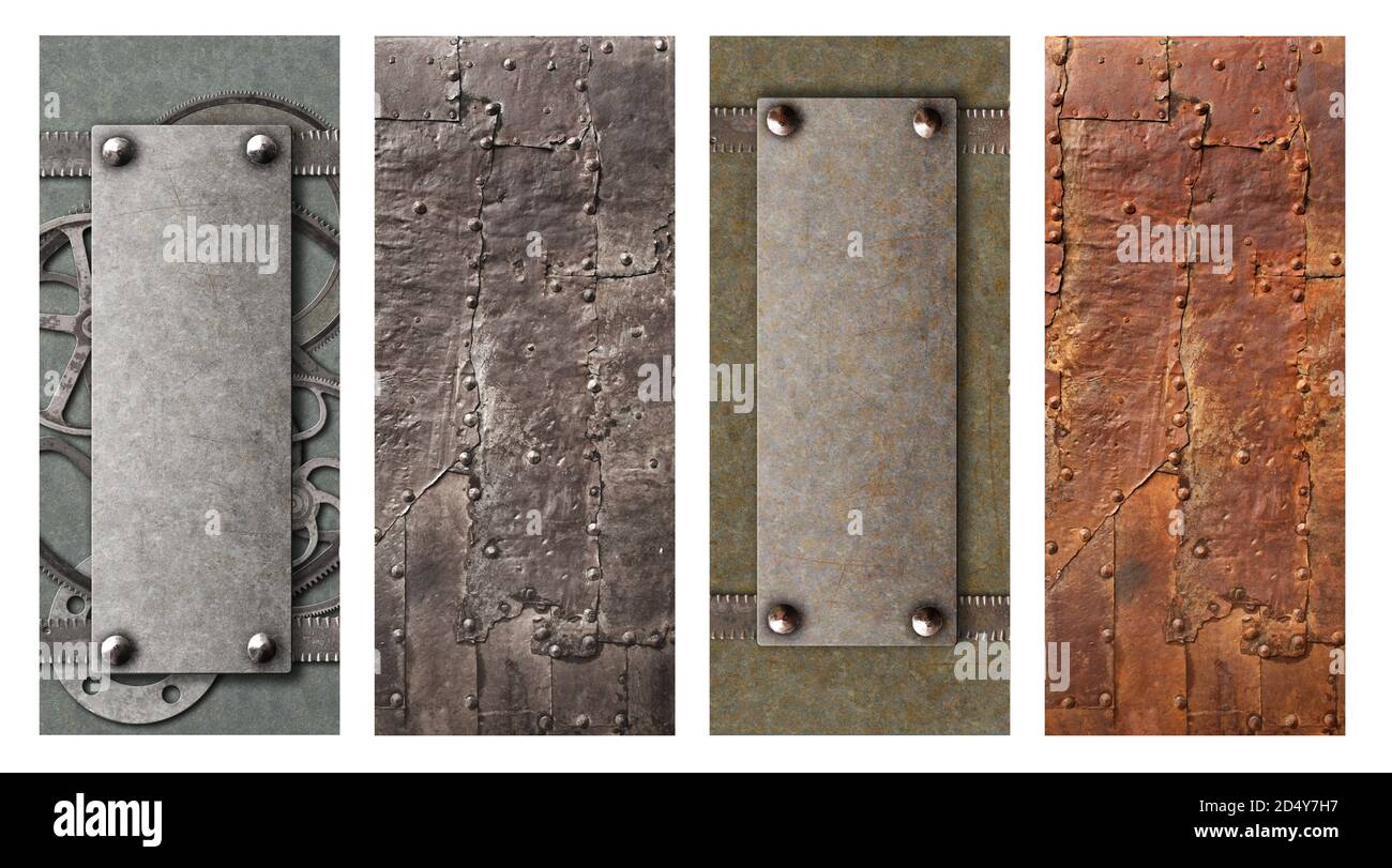 Set of horizontal or vertical grunge banners  in steampunk style. Collection of retro backgrounds with old metal with rivets and rusty frame. Mock up Stock Photo