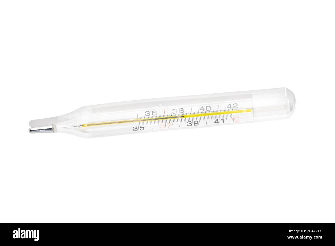 mercury thermometer shows fever, elevated body temperature isolated on