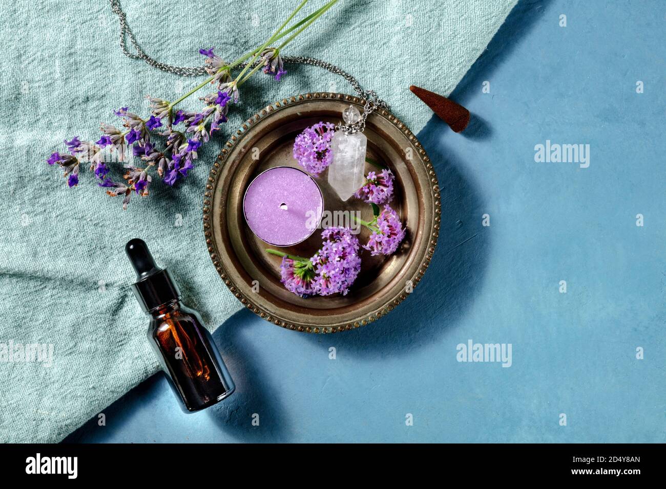 Aromatherapy banner design with copy space. Incense cone, essential oil