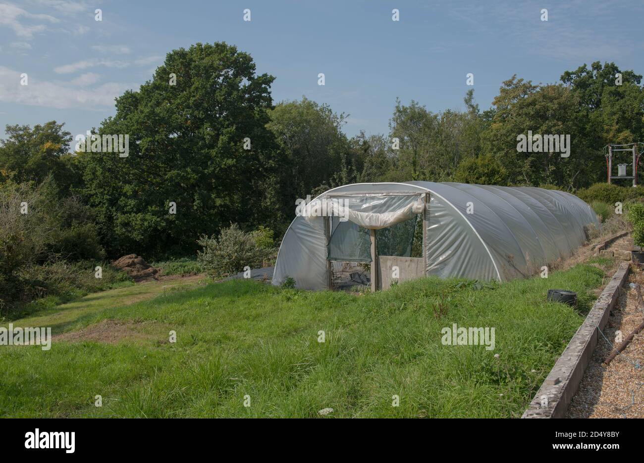 Polytunnel for Propagating Plants and Vegetables on an Allotment in a Vegetable Garden in Rural West Sussex, England, UK Stock Photo