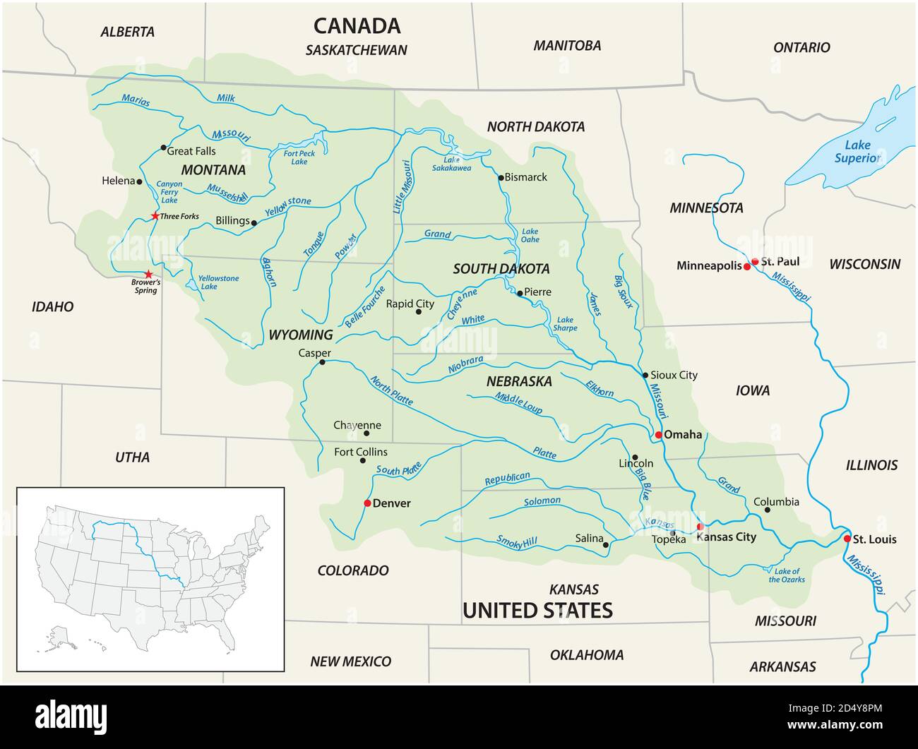 Vector map of the Missouri River Drainage Basin, United States, Canada Stock Vector