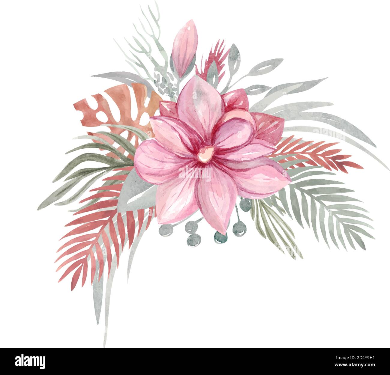 Floral autumn dried flowers and branches Pink flowers of Magnolia Leaves, Tropical leaves. Botanical elements. Vector illustration Stock Vector