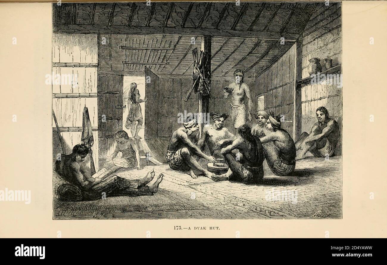 A dyak [Dayak] hut, Borneo engraving on wood From The human race by Figuier, Louis, (1819-1894) Publication in 1872 Publisher: New York, Appleton Stock Photo