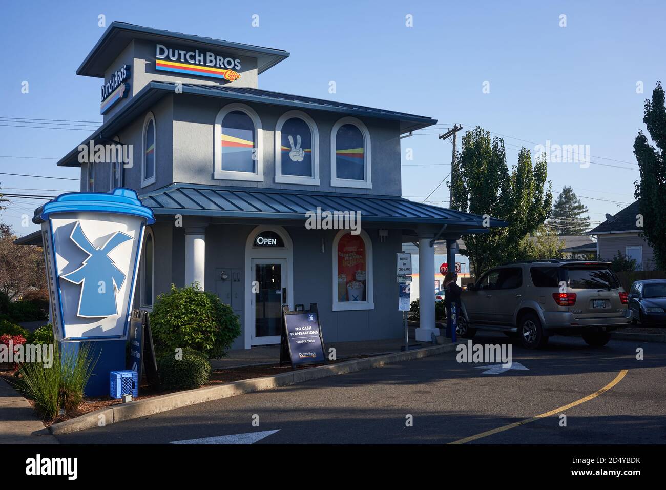 Dutch Bros Coffee shop in Oregon City during coronavirus pandemic.  Dutch Bros Coffee is America's largest privately-held drive-through coffee chain. Stock Photo