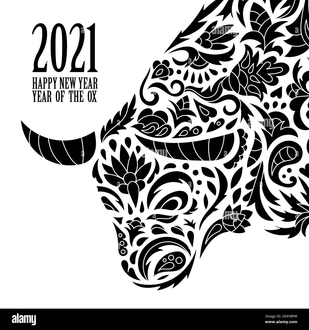 Black and white 2021 greeting card for Chinese Year of the Ox. Hand
