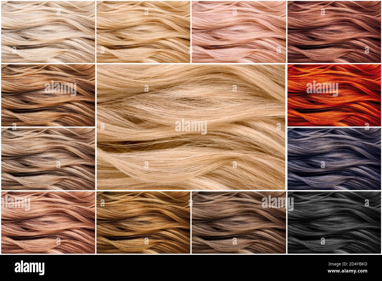 Hair color palette with a range of swatches showing the different colors of  the dyes on hair samples arranged on a card in neat rows with central blac  Stock Photo - Alamy