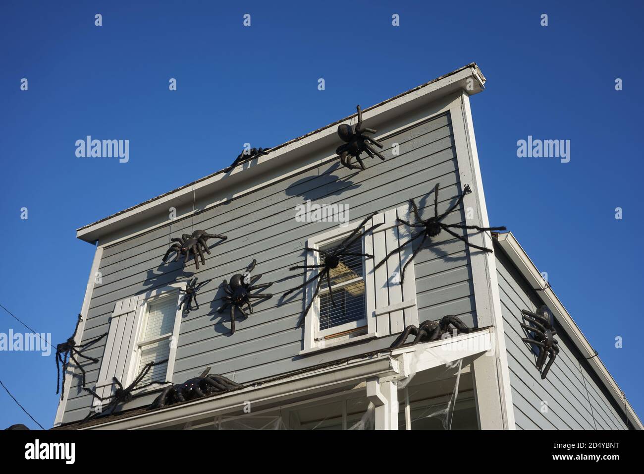 Halloween spider decorations on a residential house. Stock Photo