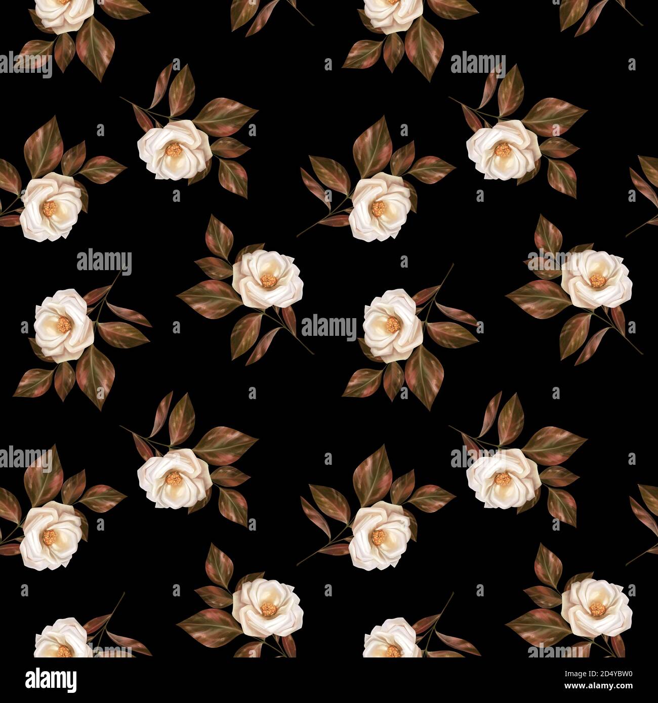 Floral seamless pattern with white rose flowers on black background ...