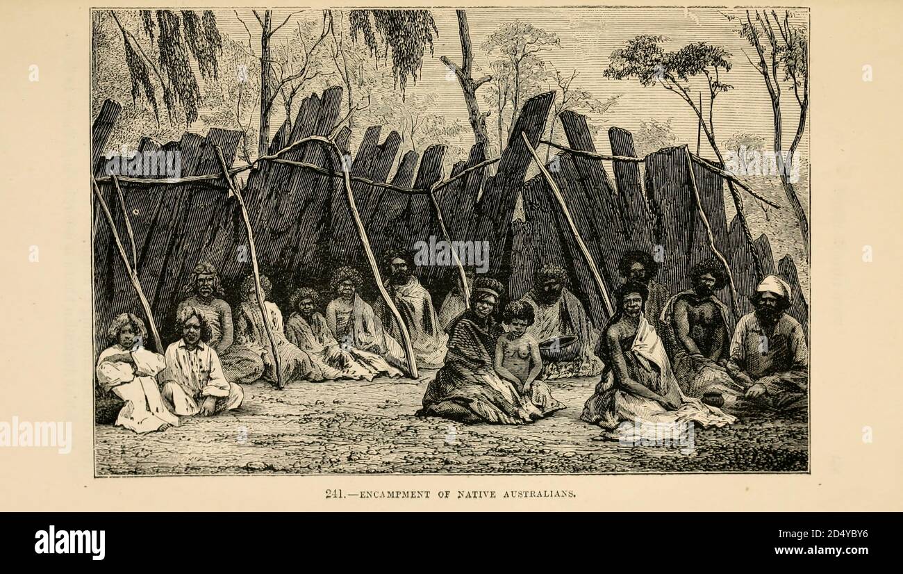 Encampment of Native Australians engraving on wood From The human race by Figuier, Louis, (1819-1894) Publication in 1872 Publisher: New York, Appleton Stock Photo