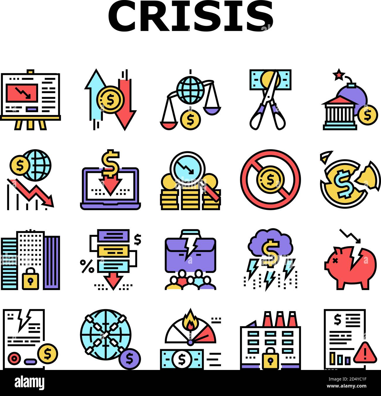 World Financial Crisis Collection Icons Set Vector Stock Vector Image ...