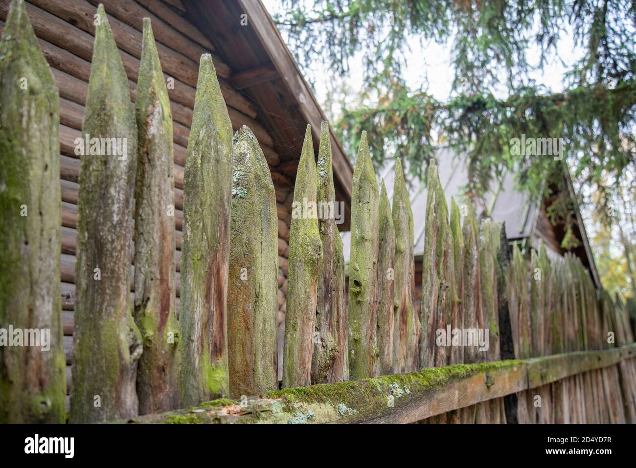 ancient style wooden wall Palisade. High wooden antique palisade. Fence made of sharp wooden stakes on the background of logs. ancient style wooden Stock Photo