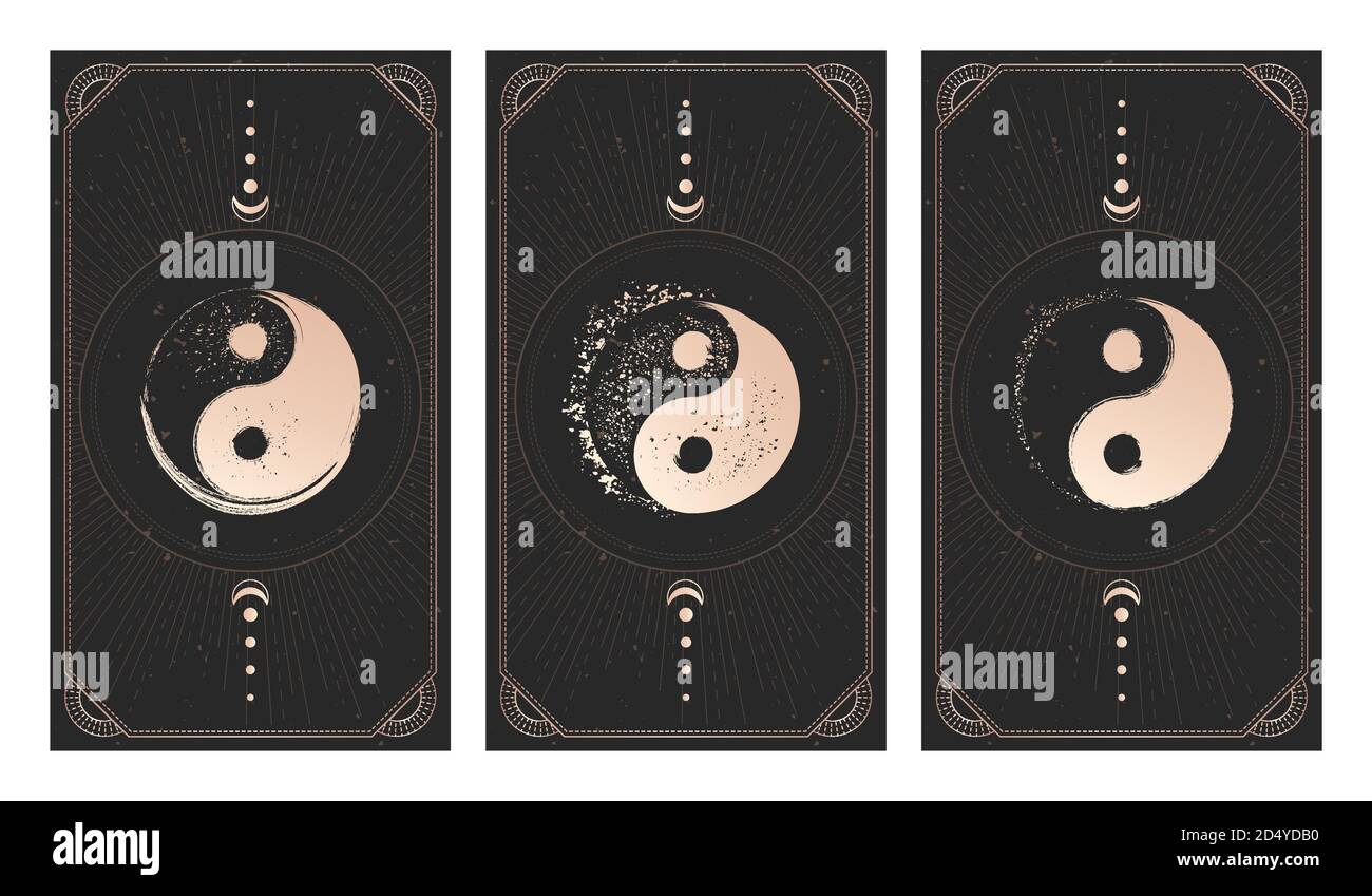 Vector set of three yin yang signs on dark backgrounds with geometric shape, grunge textures and frames. Symbols with grunge elements. Illustration in Stock Vector