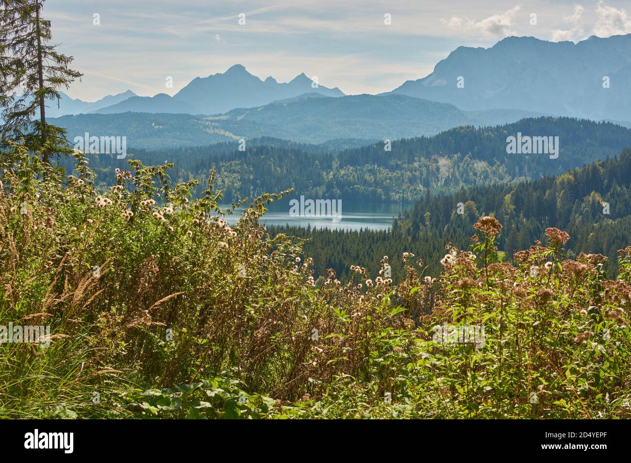 Panoramic mountain landscape in Bavaria. Panoramic landscape with mountain lake in the German alps. Stock Photo