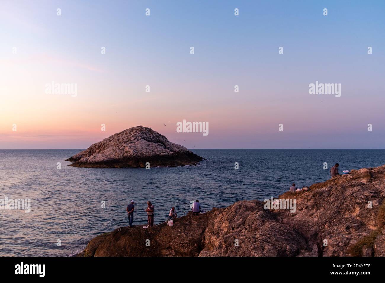 Fishing port and rock island located in Şile. Panoramic view of Black sea and Shile castle Stock Photo
